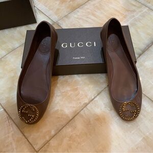Gucci Brown Leather Flats with Gold Accents